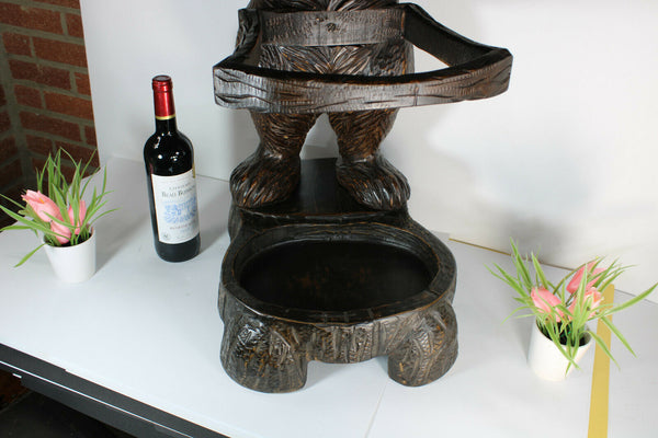 Top antique Swiss rare black forest wood carved bear umbrella stand