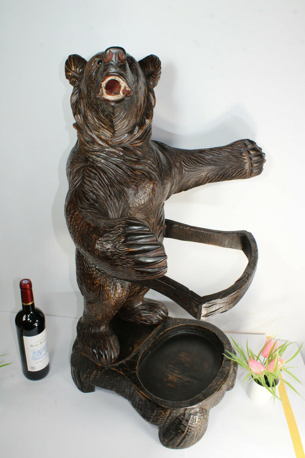 Top antique Swiss rare black forest wood carved bear umbrella stand