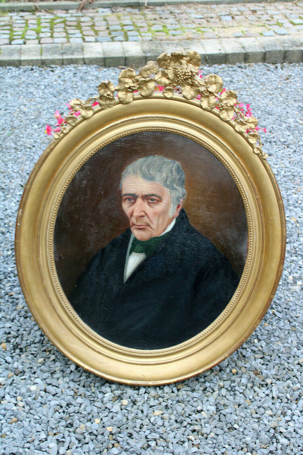 Antique 19thc portrait man oil cardboard painting frame