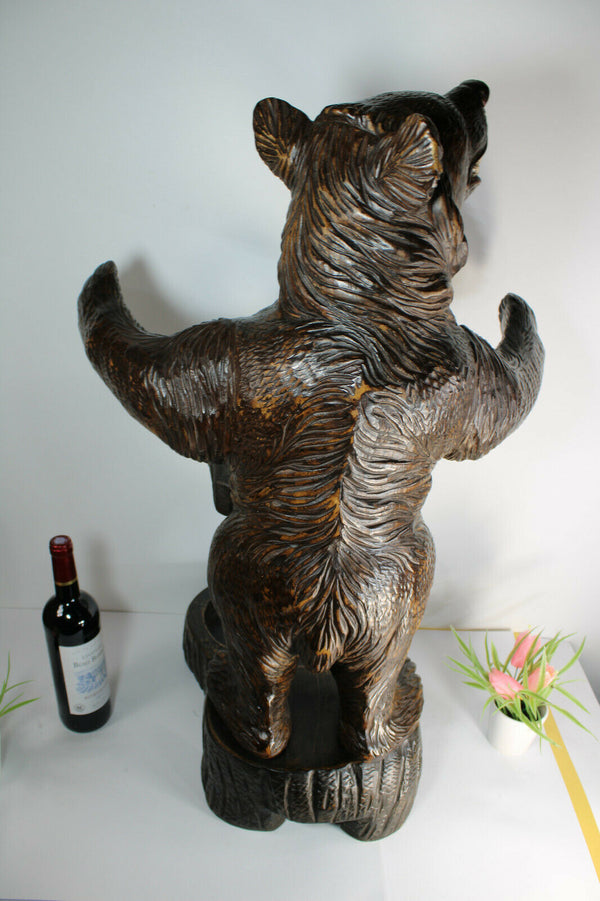Top antique Swiss rare black forest wood carved bear umbrella stand