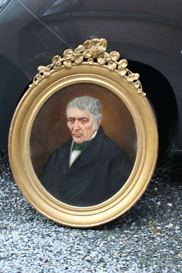 Antique 19thc portrait man oil cardboard painting frame