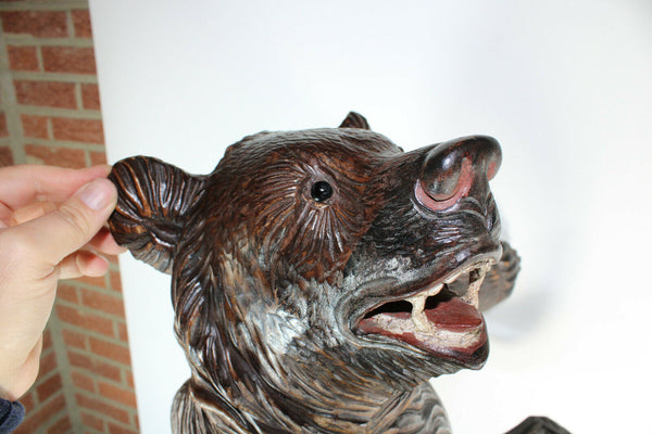 Top antique Swiss rare black forest wood carved bear umbrella stand