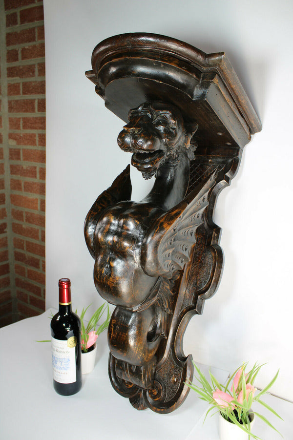 Majestical Antique black forest wood carved Dragon Gothic Wall console rare