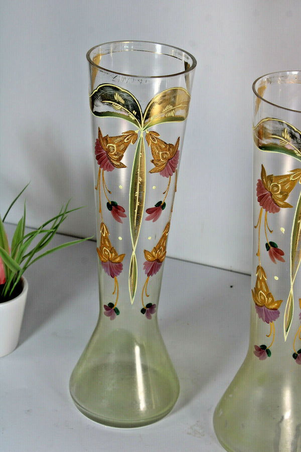 pair antique glass art nouveau enamel floral decor vases