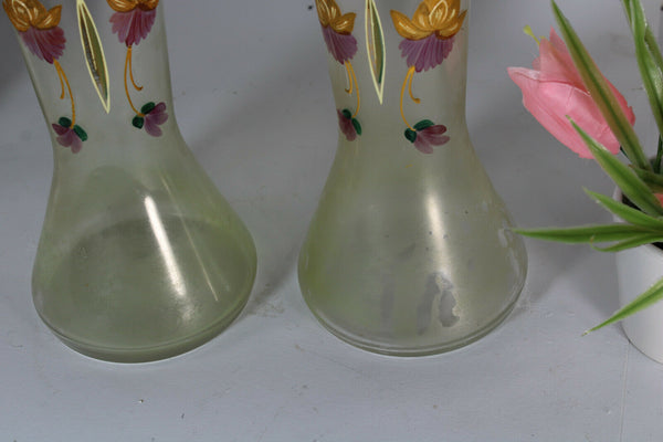 pair antique glass art nouveau enamel floral decor vases