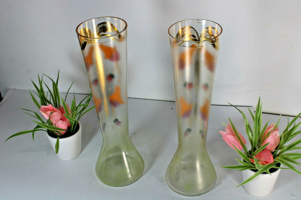 pair antique glass art nouveau enamel floral decor vases