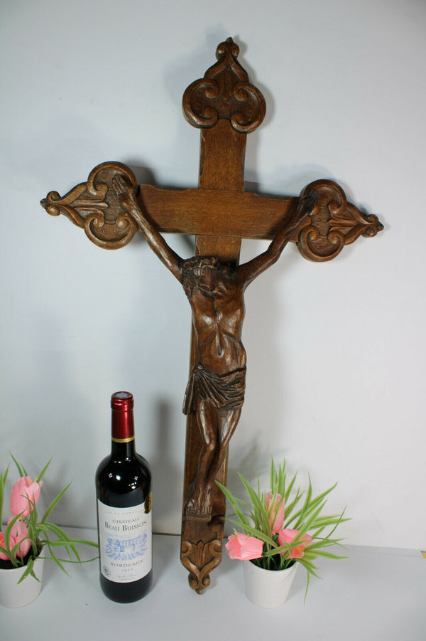 LARGE Antique french wood carved crucifix religious