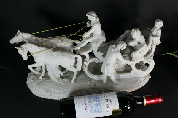 Large antique bisque porcelain carriage horses statue group signed 19thc