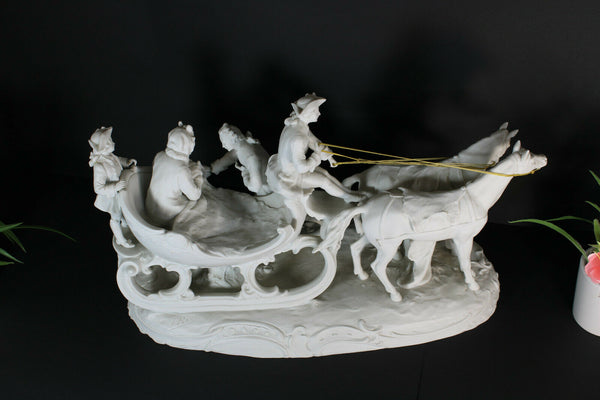 Large antique bisque porcelain carriage horses statue group signed 19thc