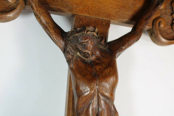 LARGE Antique french wood carved crucifix religious