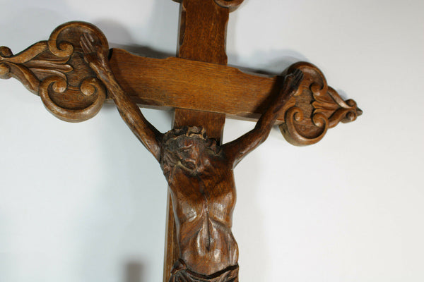 LARGE Antique french wood carved crucifix religious