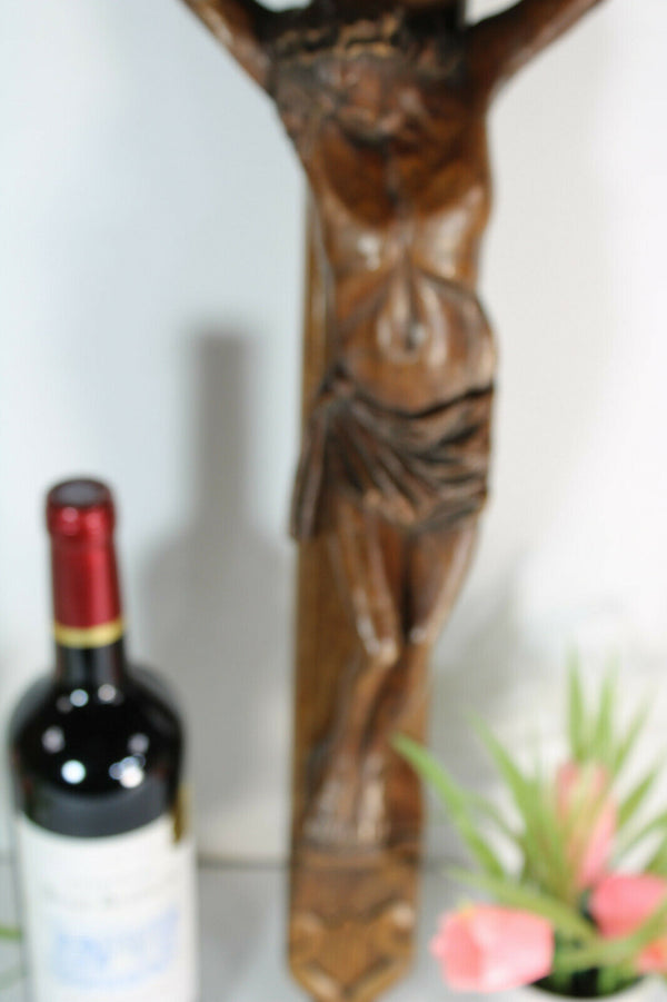 LARGE Antique french wood carved crucifix religious