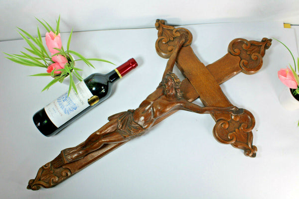 LARGE Antique french wood carved crucifix religious