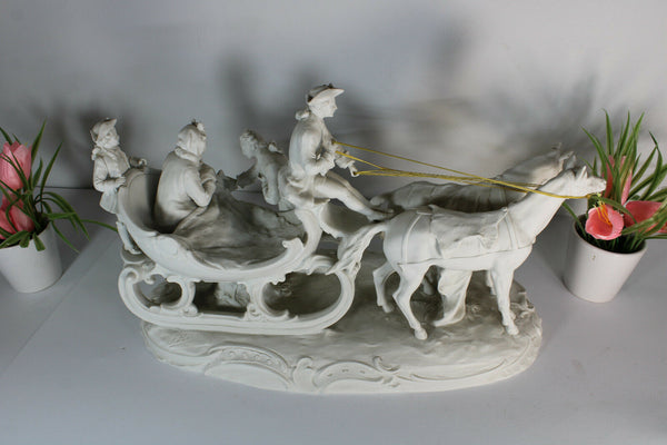 Large antique bisque porcelain carriage horses statue group signed 19thc