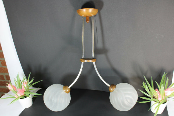 Vintage french art deco desgn 1960 teak wood glass pendant lamp chandelier