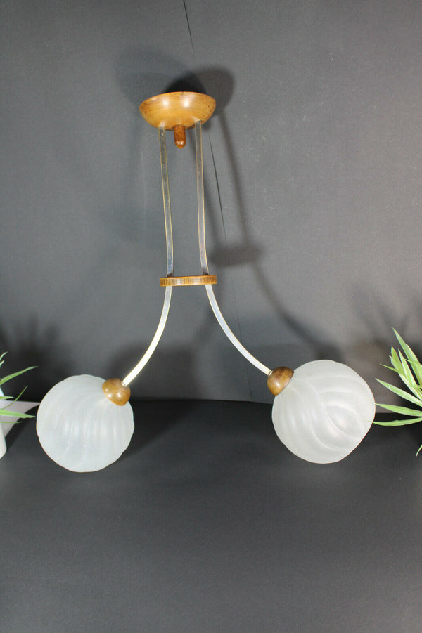 Vintage french art deco desgn 1960 teak wood glass pendant lamp chandelier