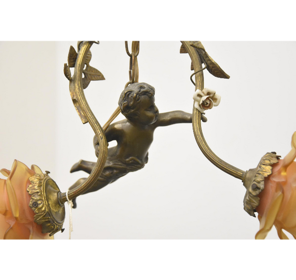 Antique french bronze putti cherub pendant lamp chandelier porcelain flowers