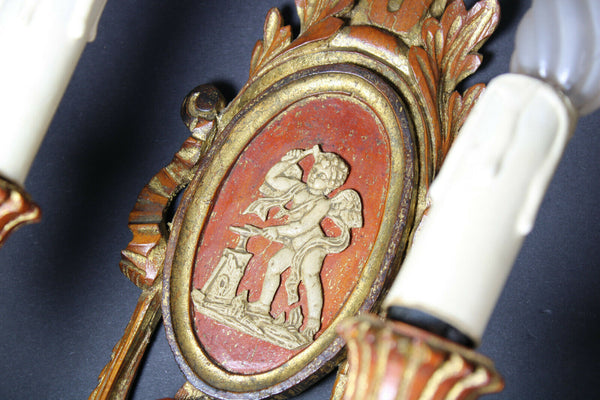 PAIR antique italian wood carved cherub angel wall lights sconces rare 1950