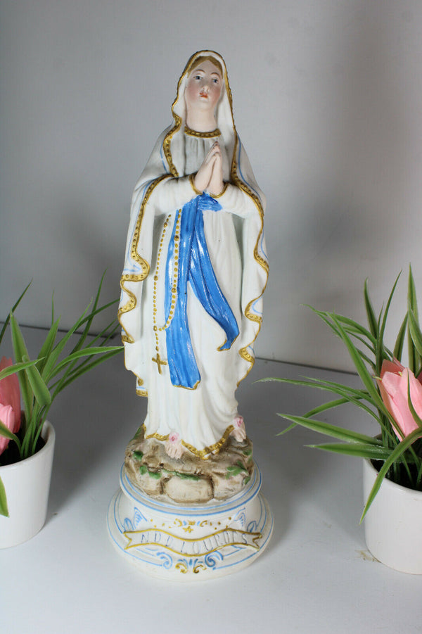 Antique french signed lourdes madonna bisque porcelain statue figurine religious