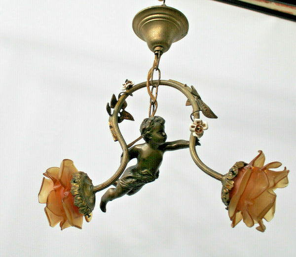 Antique french bronze putti cherub pendant lamp chandelier porcelain flowers