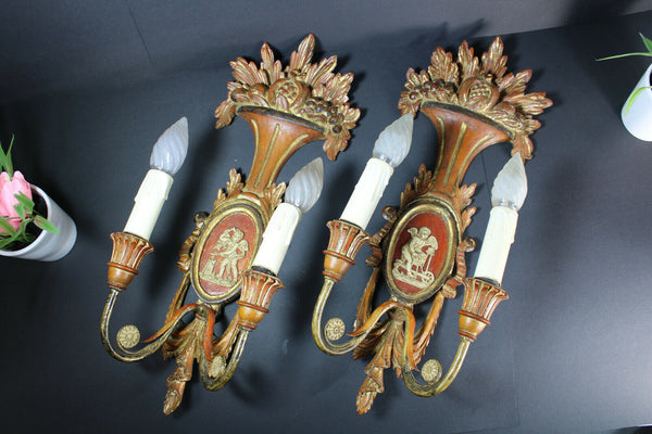 PAIR antique italian wood carved cherub angel wall lights sconces rare 1950
