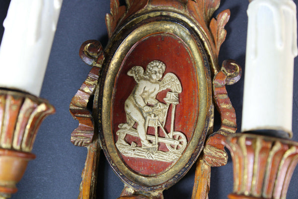 PAIR antique italian wood carved cherub angel wall lights sconces rare 1950