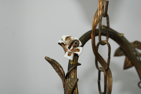 Antique french bronze putti cherub pendant lamp chandelier porcelain flowers