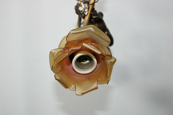 Antique french bronze putti cherub pendant lamp chandelier porcelain flowers