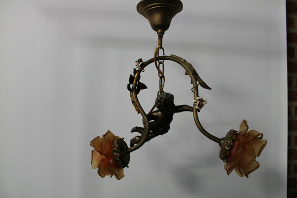 Antique french bronze putti cherub pendant lamp chandelier porcelain flowers