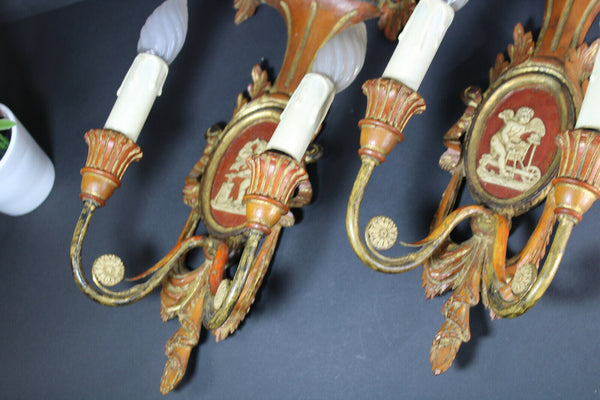 PAIR antique italian wood carved cherub angel wall lights sconces rare 1950