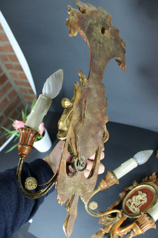 PAIR antique italian wood carved cherub angel wall lights sconces rare 1950