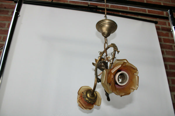 Antique french bronze putti cherub pendant lamp chandelier porcelain flowers