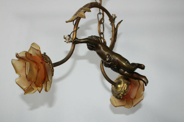 Antique french bronze putti cherub pendant lamp chandelier porcelain flowers