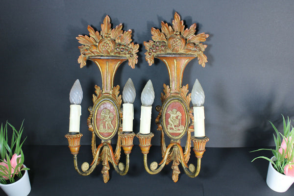 PAIR antique italian wood carved cherub angel wall lights sconces rare 1950