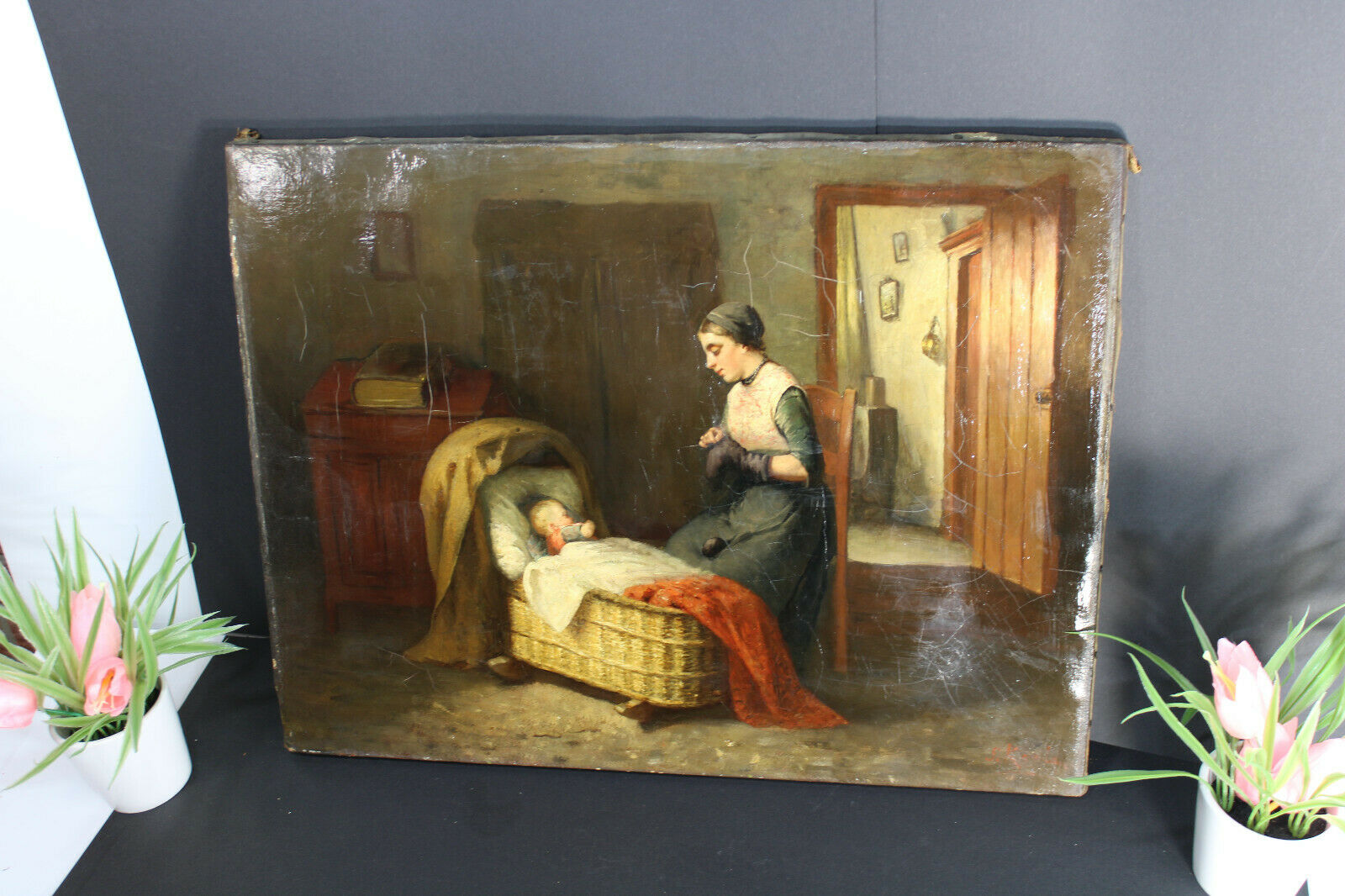 Antique 19th oil canvas mother baby painting signed french rare
