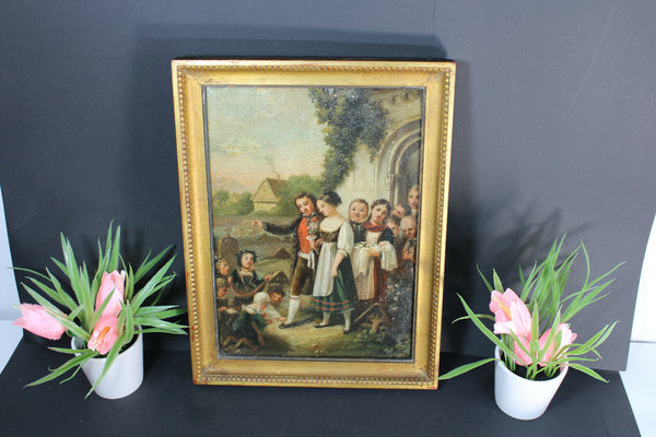 Antique oil canvas painting wedding folkloric church scene rare