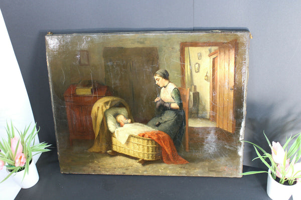Antique 19th oil canvas mother baby painting signed french rare