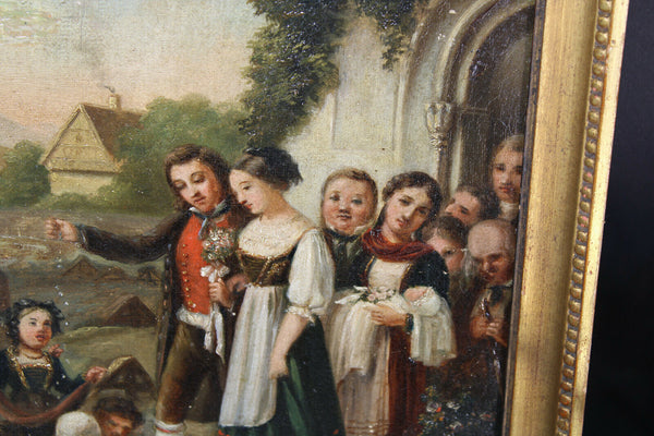Antique oil canvas painting wedding folkloric church scene rare