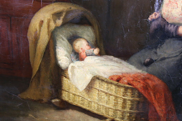 Antique 19th oil canvas mother baby painting signed french rare
