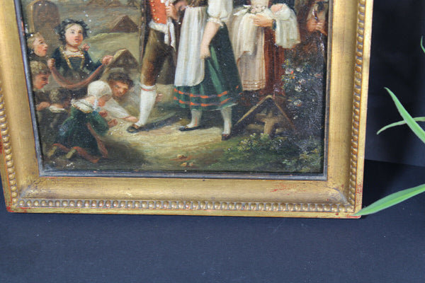 Antique oil canvas painting wedding folkloric church scene rare