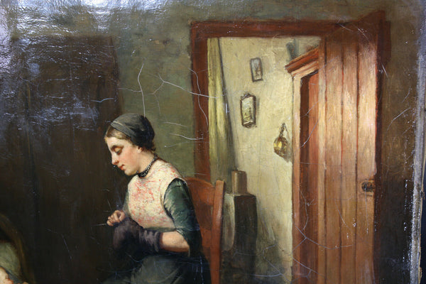 Antique 19th oil canvas mother baby painting signed french rare