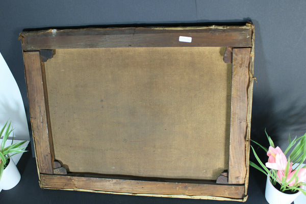 Antique 19th oil canvas mother baby painting signed french rare