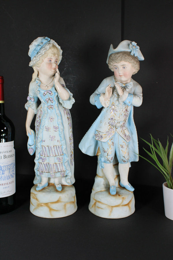 PAIR Antique french XL porcelain statue boy girl romantic rare