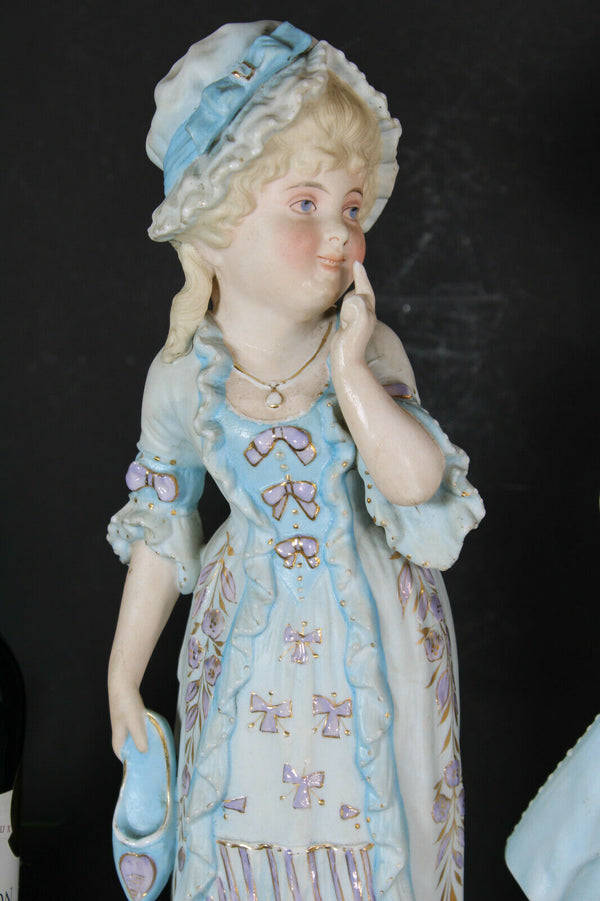 PAIR Antique french XL porcelain statue boy girl romantic rare