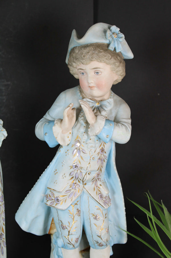 PAIR Antique french XL porcelain statue boy girl romantic rare