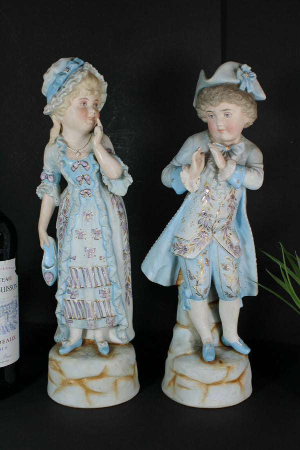 PAIR Antique french XL porcelain statue boy girl romantic rare