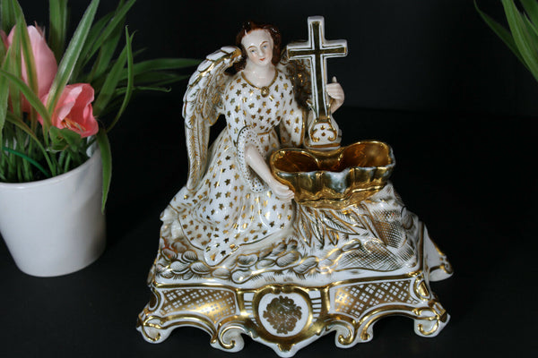 Antique top French vieux paris porcelain holy water font archangel figurine
