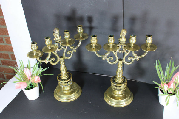 PAIR antique bronze amsterdam lion Candelabras candle holders
