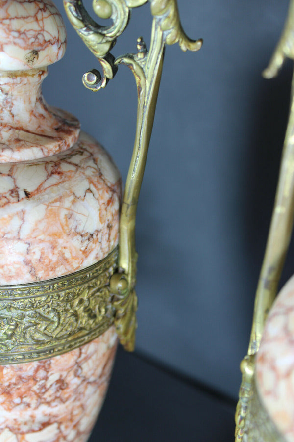 PAIR antique french marble urns vases greek warrior scene