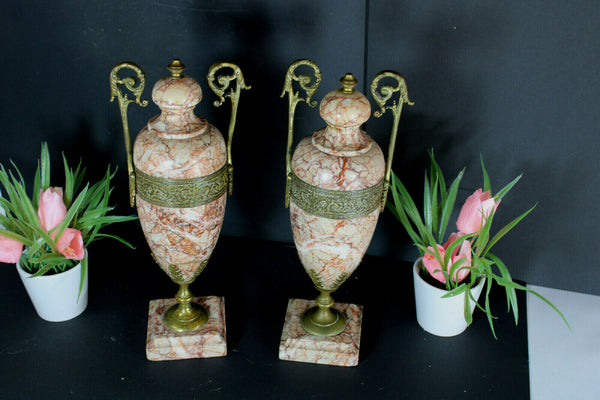 PAIR antique french marble urns vases greek warrior scene